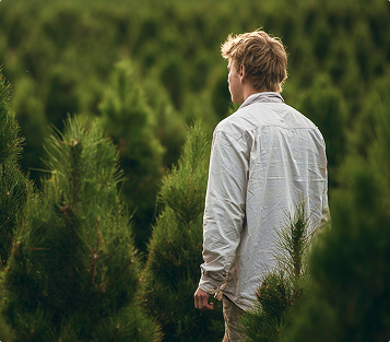 A Yeowarra staff member standing amongst pine trees looking into the distance.