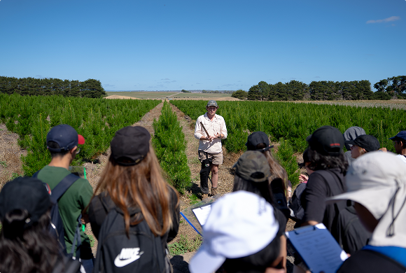 A group of school students on a guided tour of the Yeowarra farm.