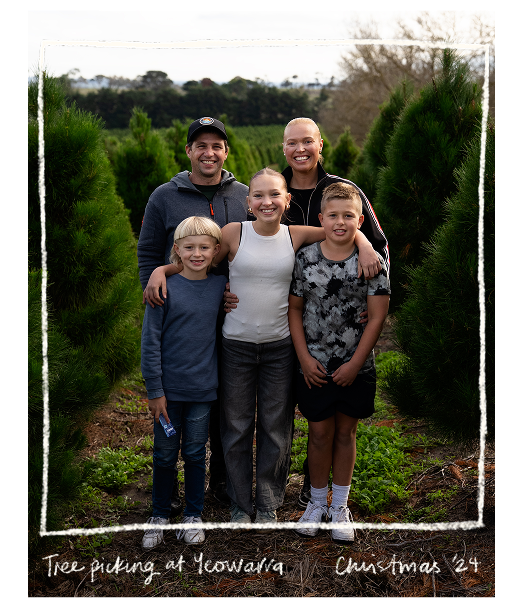A happy family portrait taken amongst the pine trees at Yeowarra. It is framed with an illustrated border and handwritten note ‘Tree picking at Yeowarra, Christmas ‘24’.